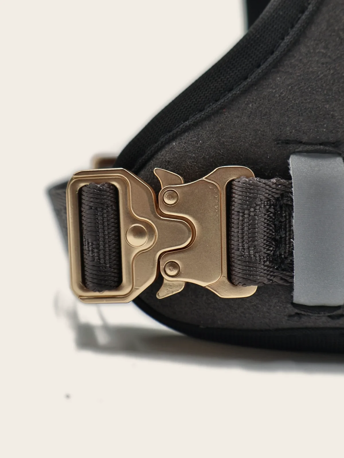 The cobra-style buckle in matte champagne gold, Deep Graphite