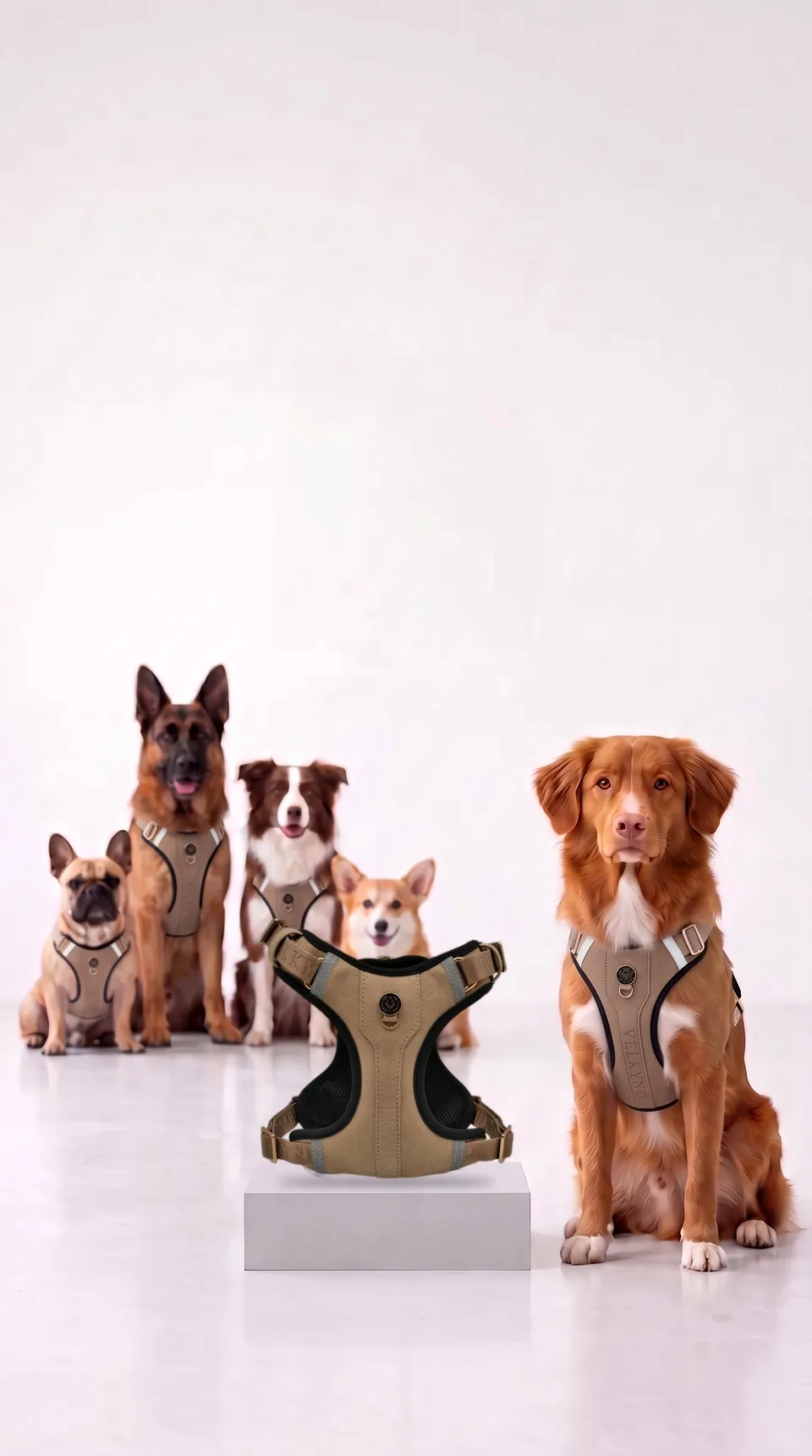 The VELKYNO Tech Harness on a glass stand with five dogs wearing the harness behind it