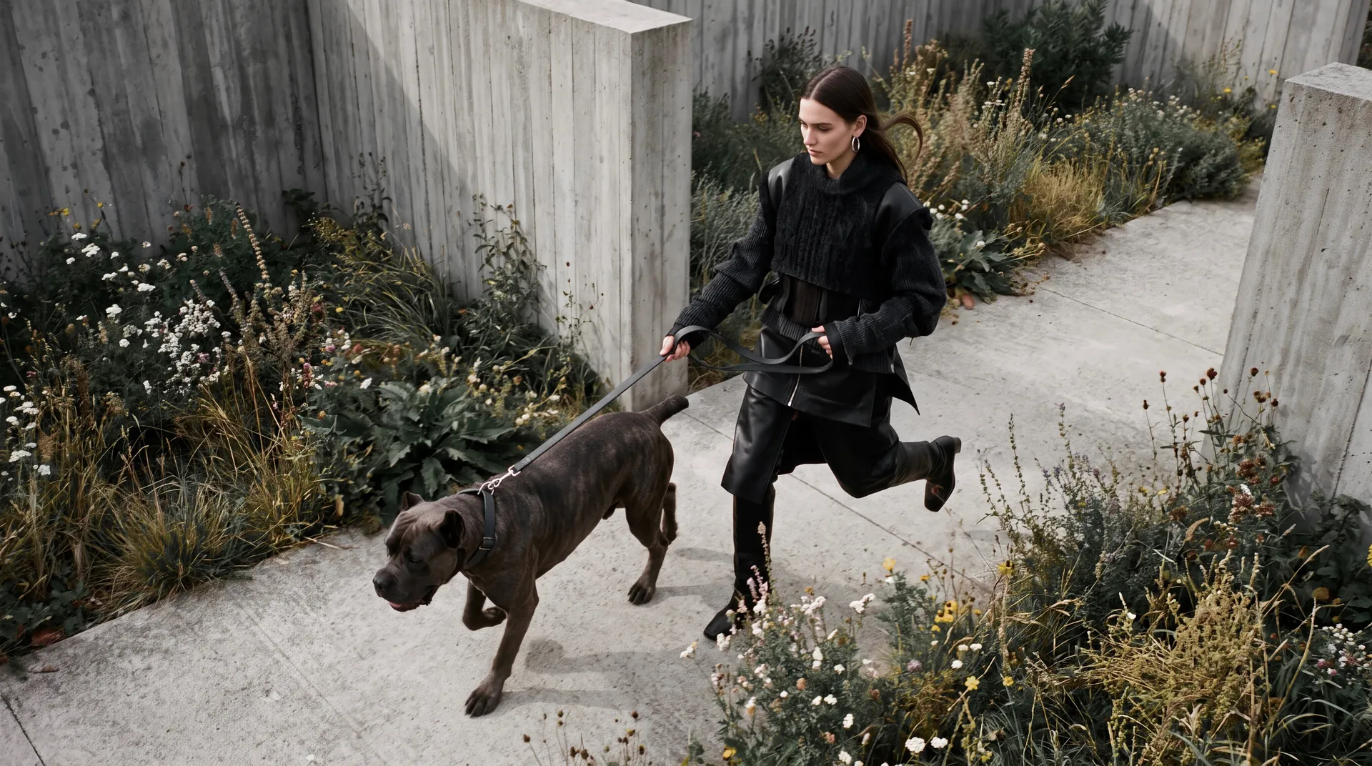 Woman running with a Cane Corso through a concrete garden