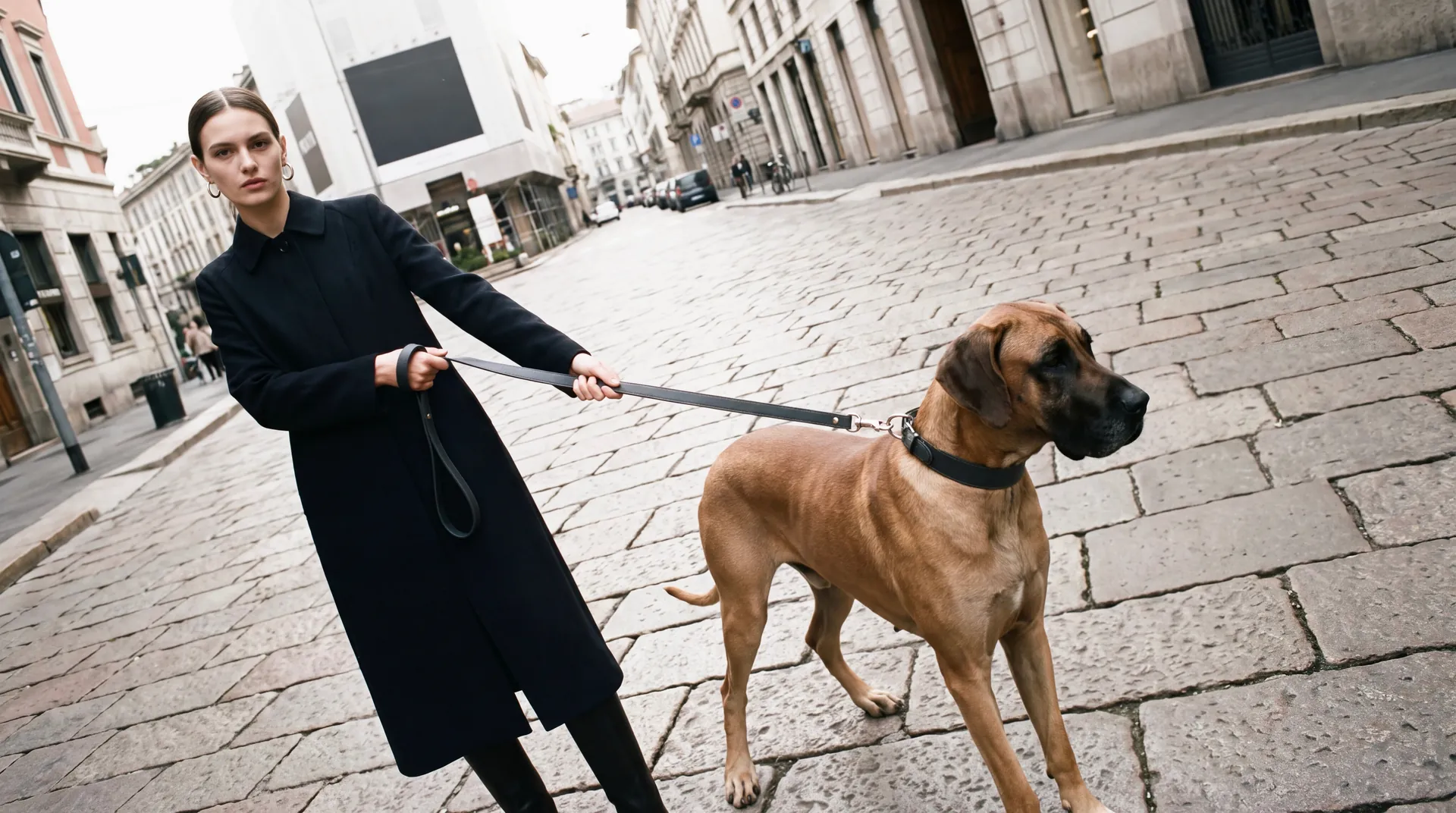 Woman walking a Great Dane across a Milan piazza