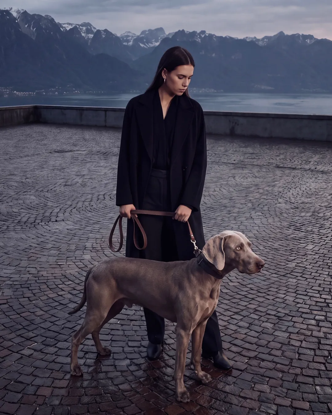 Woman in black with a Weimaraner before Lake Geneva and the Alps