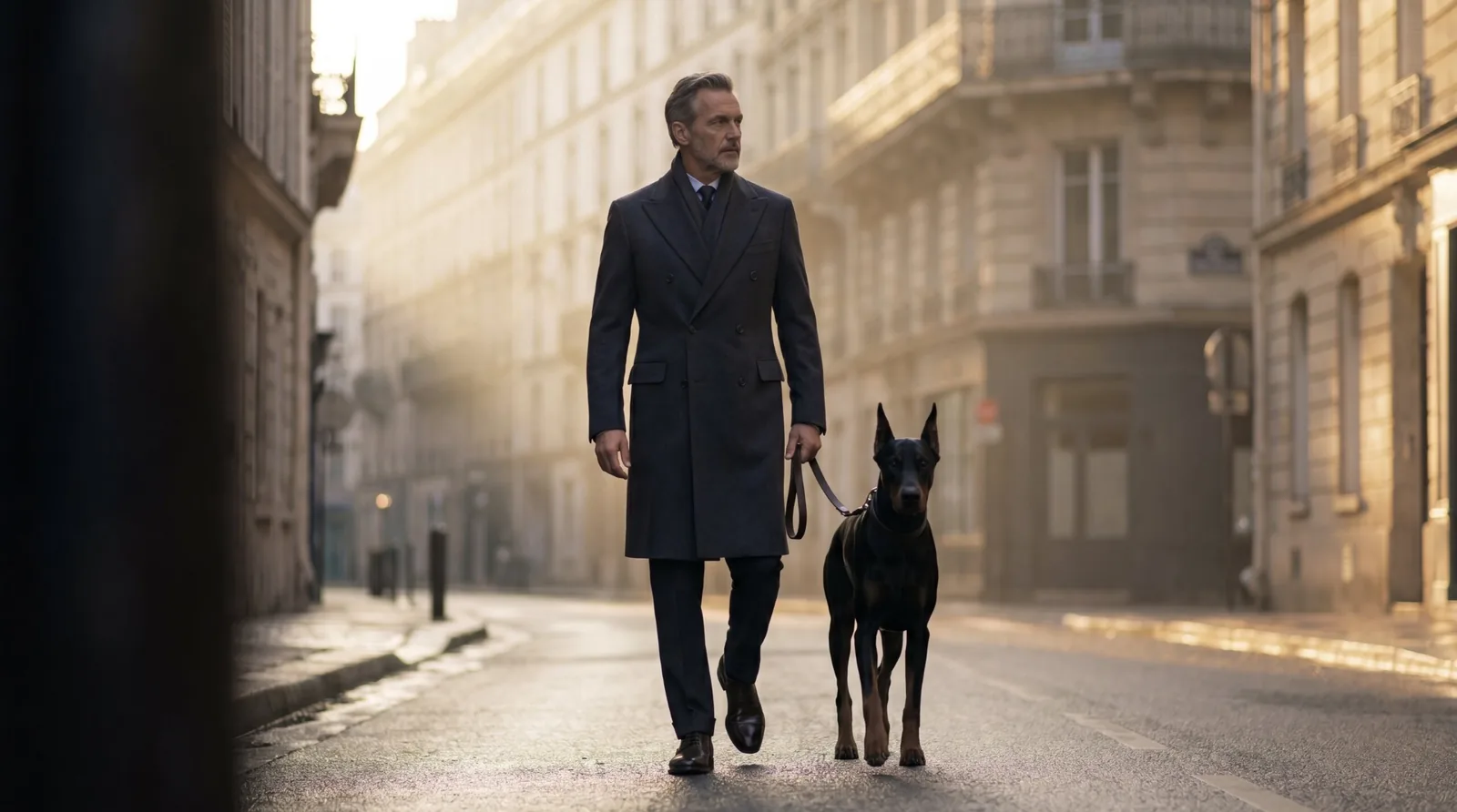 A guardian and a Doberman walking together